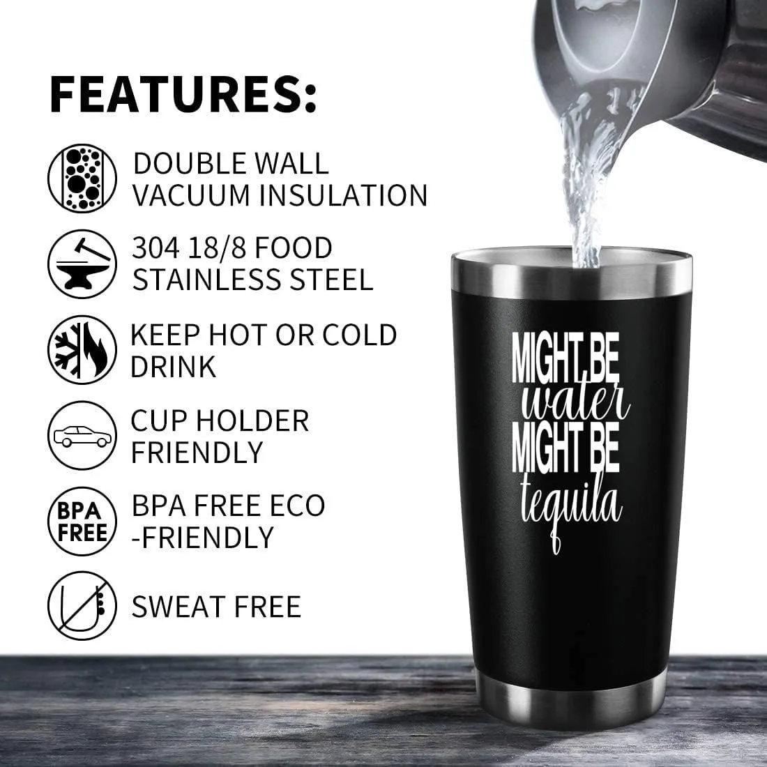 Might Be Water Might Be Tequila 20 Oz Insulated Tumblers with Lid & Straw,Tequila Gifts,Double Wall Stainless Steel Wine Tumbler Coffee Mug | Novelty Birthday Christmas Gifts Idea (Black)