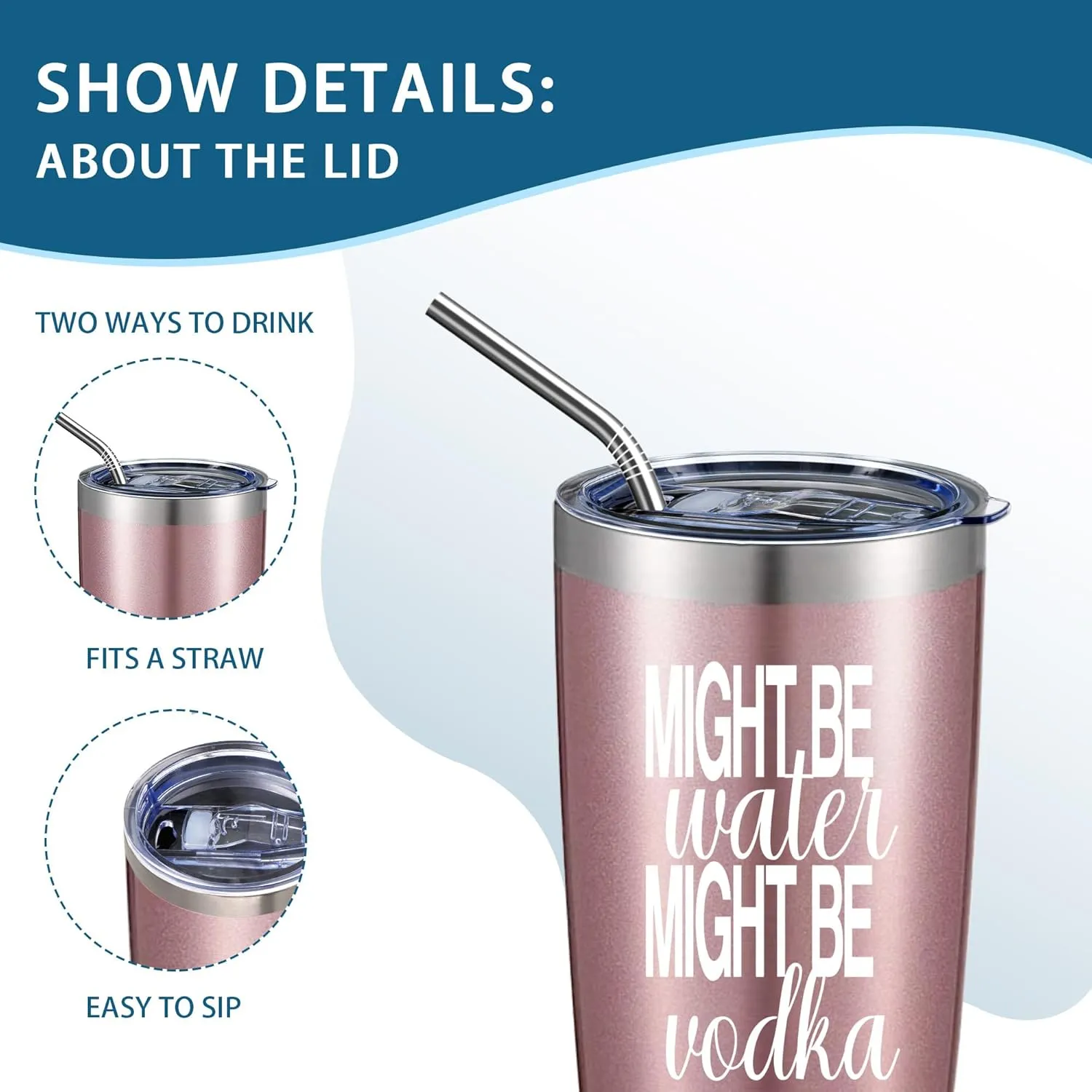 Might Be Water Might Be Vodka 20 Oz Insulated Tumblers with Lid & Straw | Double Wall Stainless Steel Vacuum Wine Tumbler Travel Coffee Mugs | Novelty Birthday Gifts For Women (Rose Gold)