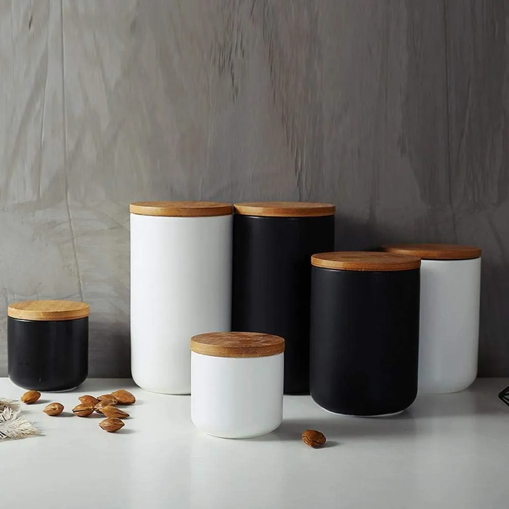 MilkyWay Food Storage Jar Strong Ceramic Storage Canisters with Airtight Seal Bamboo Lid Modern Design Seal Damp-Proof Kitchen Jar for Coffee, Tea, Spice and More (Black(L: 34 oz/1000ml))