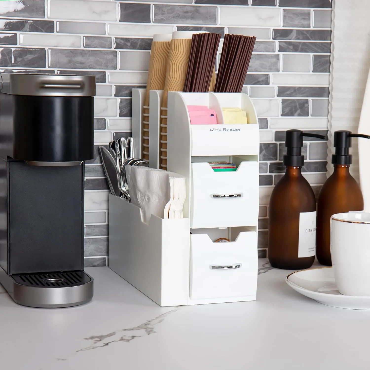 Mind Reader Cup and Condiment Station, Countertop Organizer, Coffee Bar, Kitchen, Stirrers, 5.375"L x 12"W x 11.25"H, White