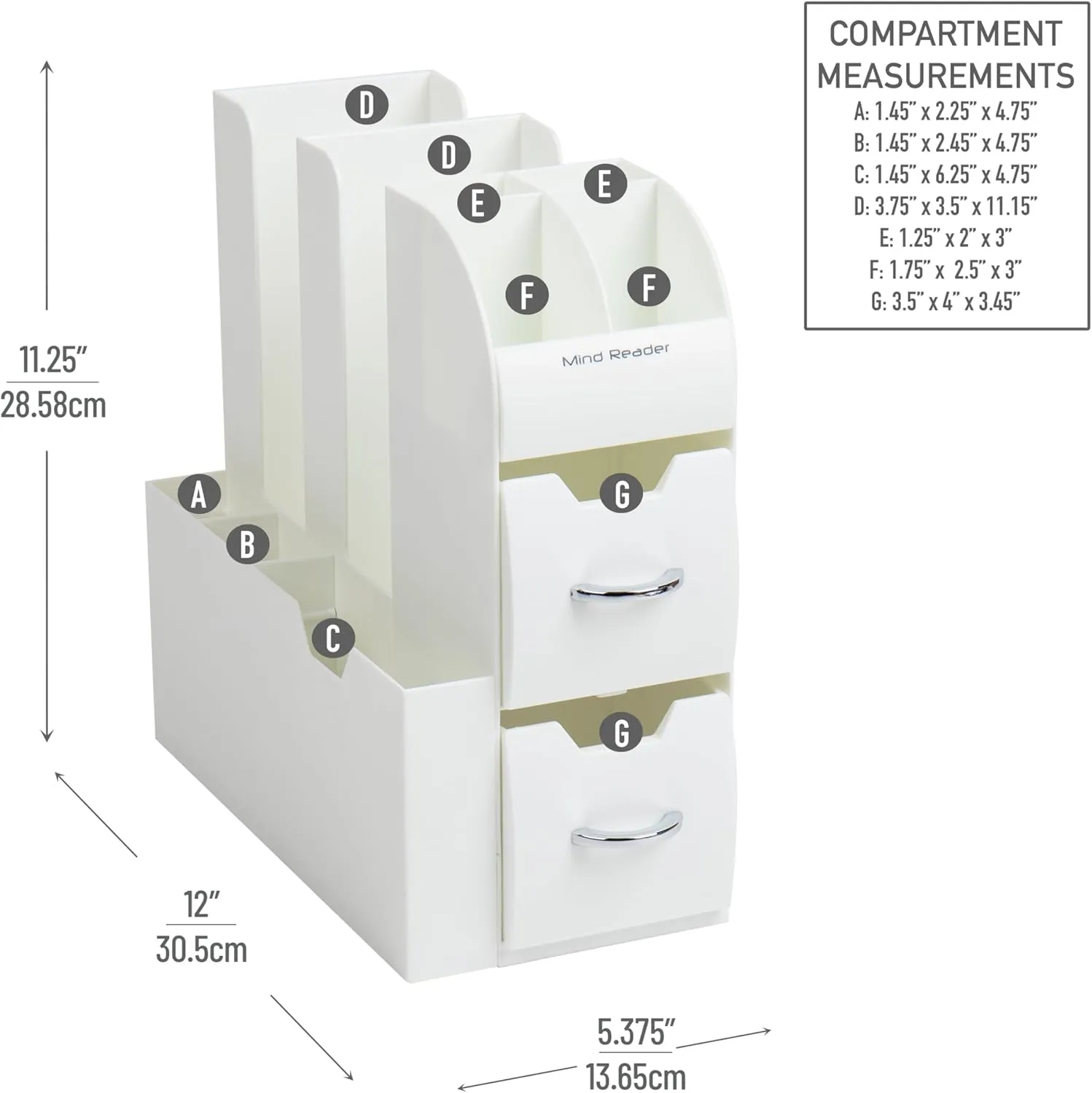 Mind Reader Cup and Condiment Station, Countertop Organizer, Coffee Bar, Kitchen, Stirrers, 5.375"L x 12"W x 11.25"H, White