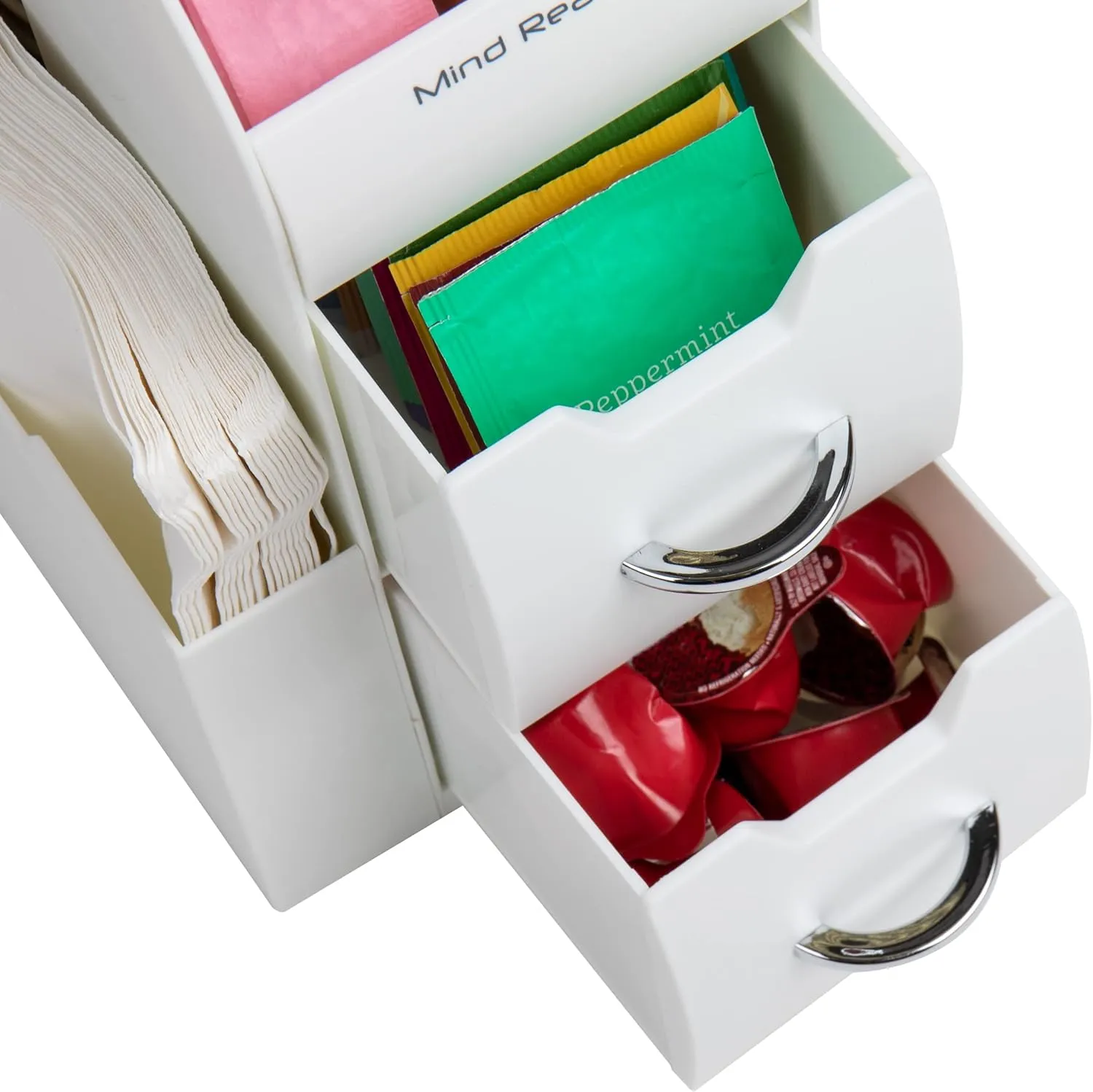Mind Reader Cup and Condiment Station, Countertop Organizer, Coffee Bar, Kitchen, Stirrers, 5.375"L x 12"W x 11.25"H, White