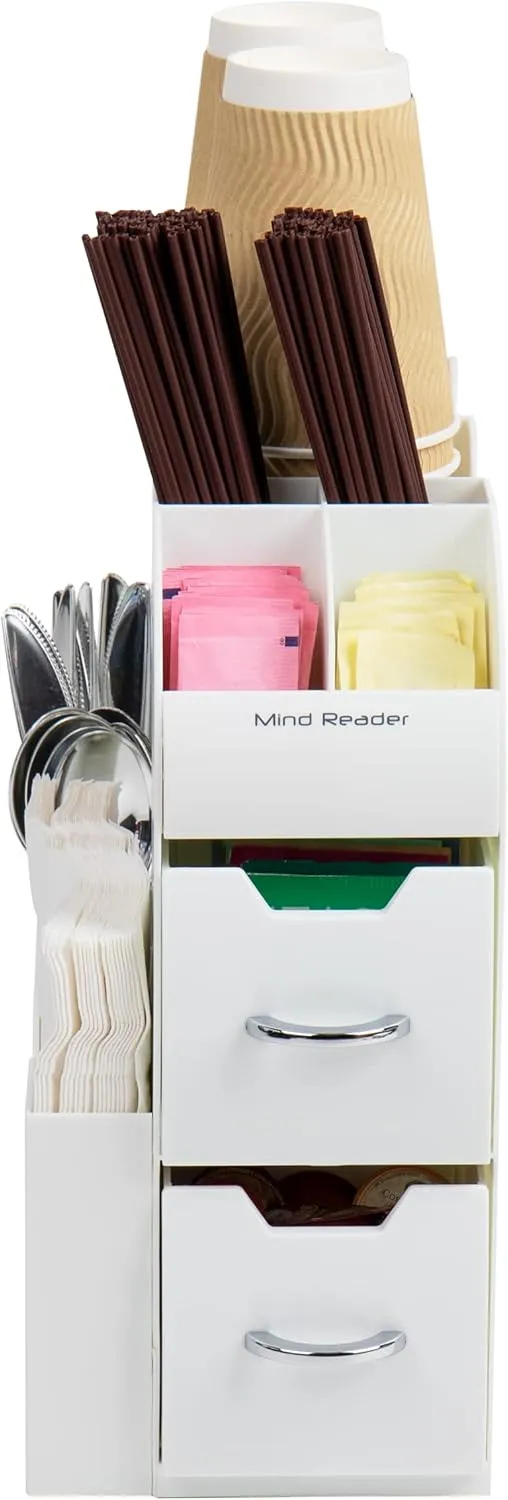 Mind Reader Cup and Condiment Station, Countertop Organizer, Coffee Bar, Kitchen, Stirrers, 5.375"L x 12"W x 11.25"H, White