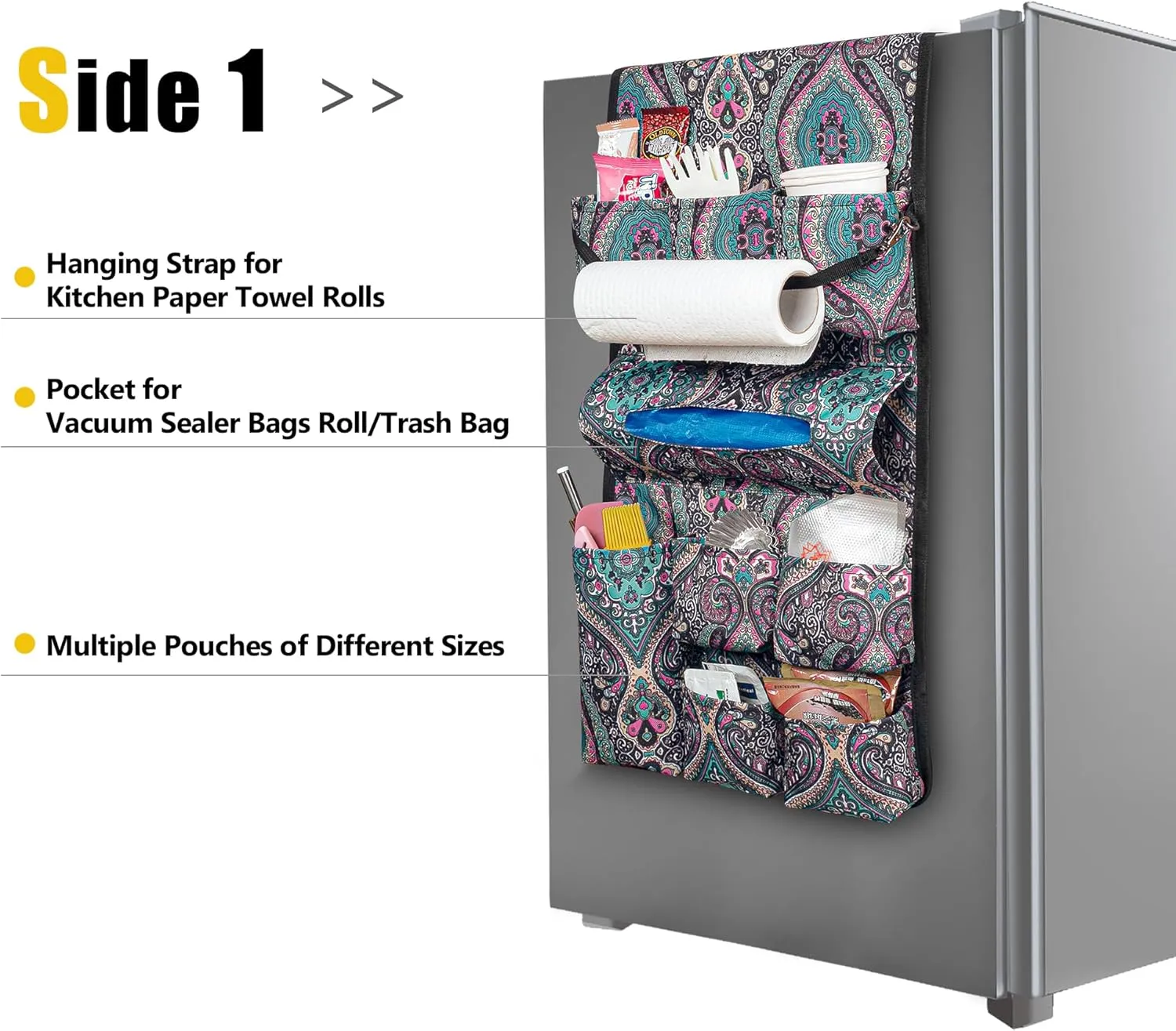 Mini Fridge Organizer, Dust Cover with 14 Pockets for Most Household Refrigerators, Hanging Mini Fridge Caddy Organizer Storage Bag for Dorm, Office, Kitchen, Home, School, Bohemia