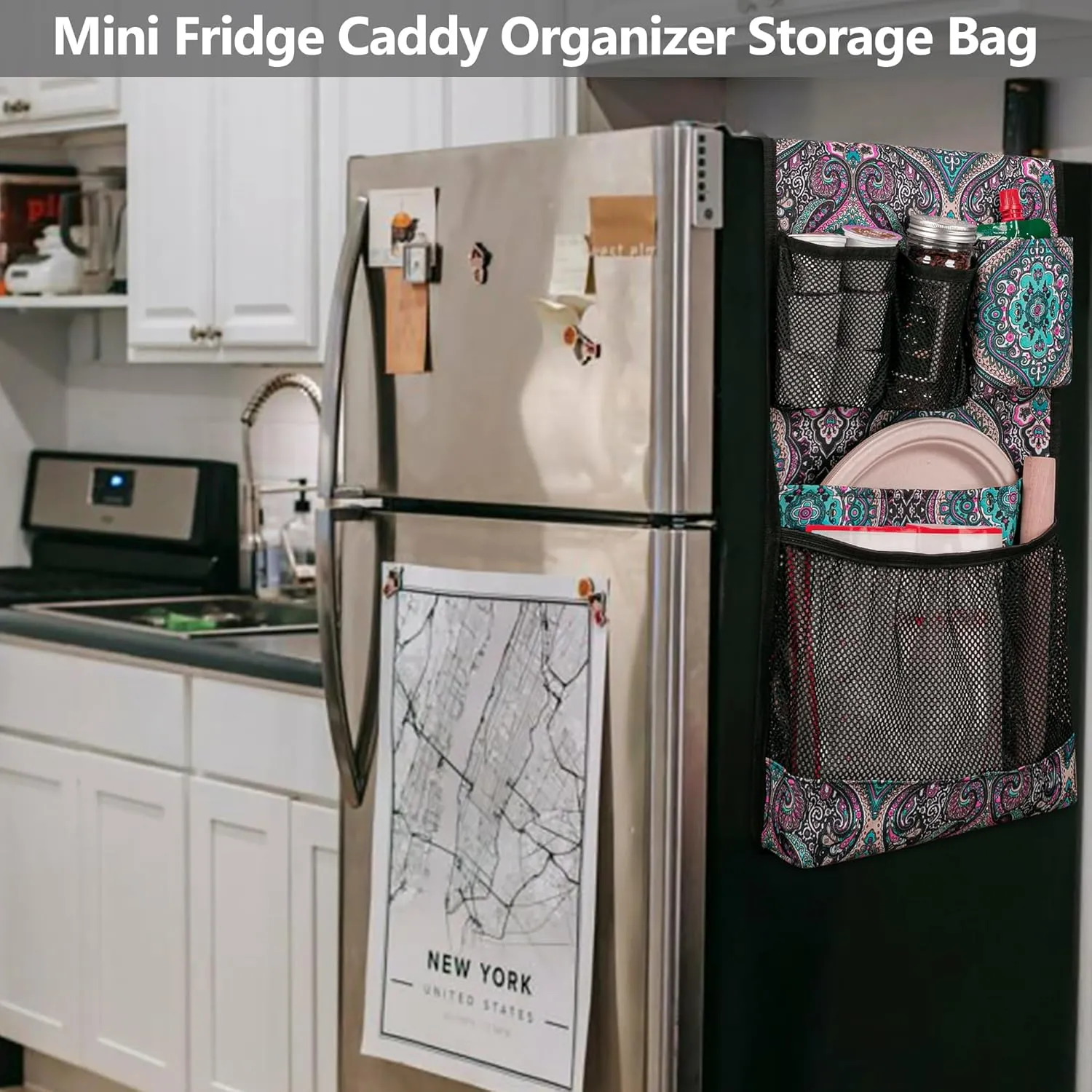 Mini Fridge Organizer, Dust Cover with 14 Pockets for Most Household Refrigerators, Hanging Mini Fridge Caddy Organizer Storage Bag for Dorm, Office, Kitchen, Home, School, Bohemia