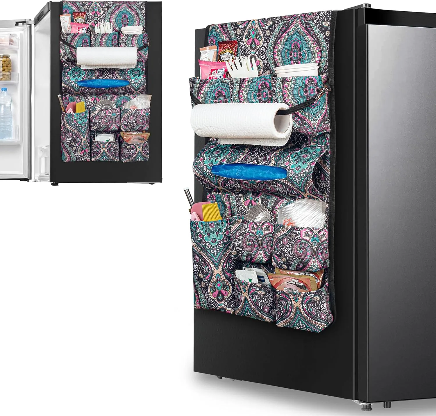 Mini Fridge Organizer, Dust Cover with 14 Pockets for Most Household Refrigerators, Hanging Mini Fridge Caddy Organizer Storage Bag for Dorm, Office, Kitchen, Home, School, Bohemia
