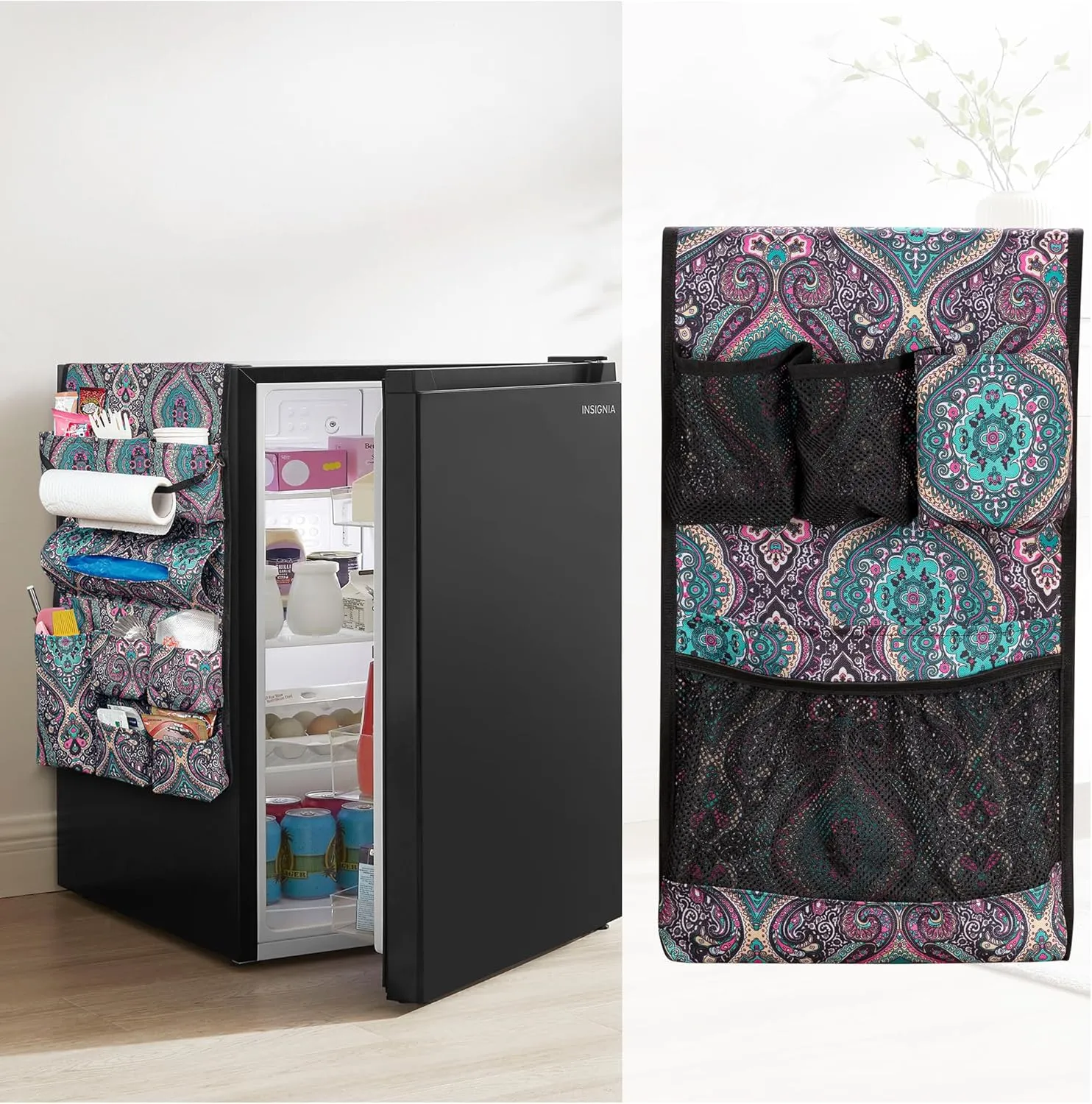 Mini Fridge Organizer, Dust Cover with 14 Pockets for Most Household Refrigerators, Hanging Mini Fridge Caddy Organizer Storage Bag for Dorm, Office, Kitchen, Home, School, Bohemia