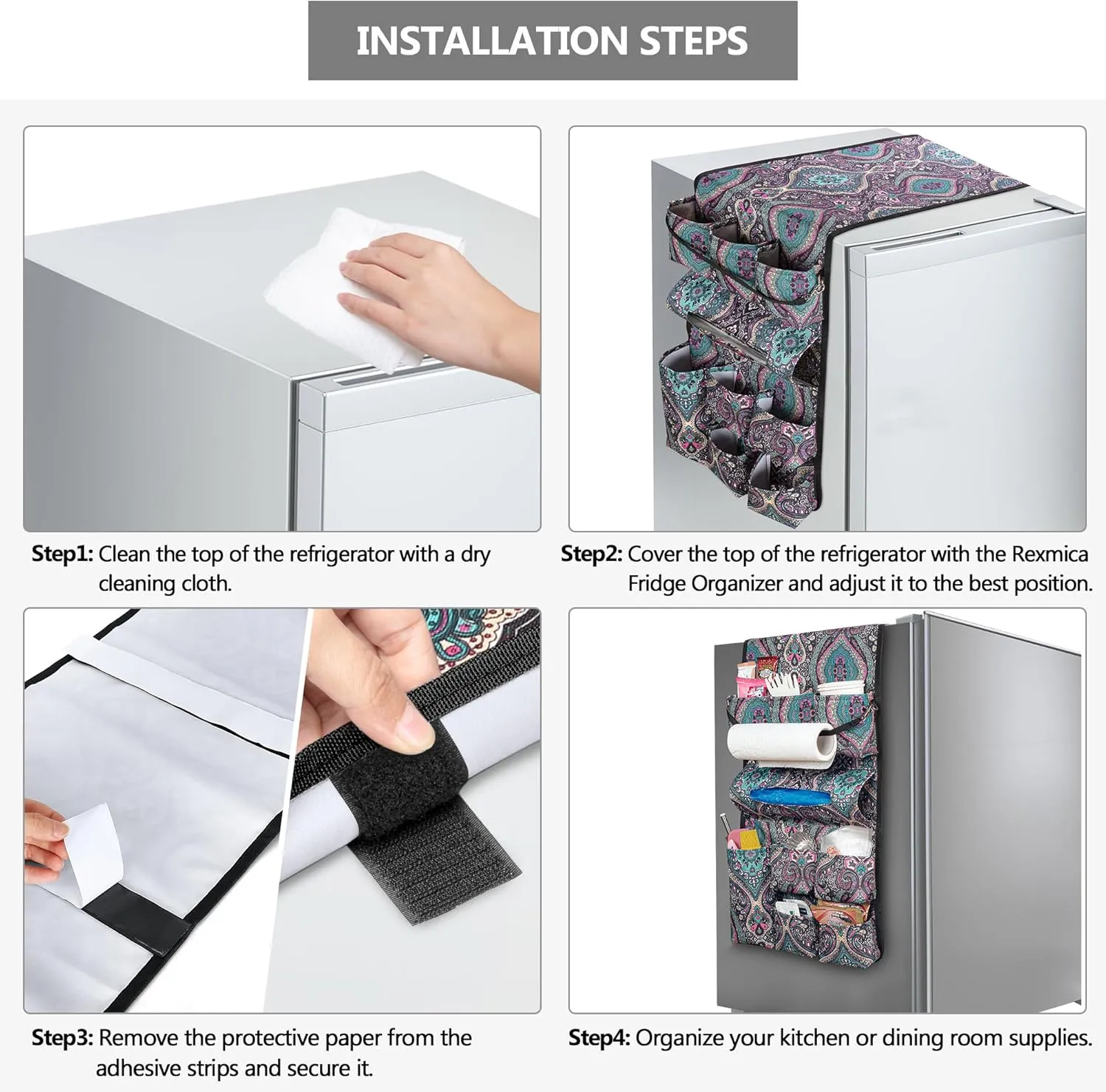 Mini Fridge Organizer, Dust Cover with 14 Pockets for Most Household Refrigerators, Hanging Mini Fridge Caddy Organizer Storage Bag for Dorm, Office, Kitchen, Home, School, Bohemia