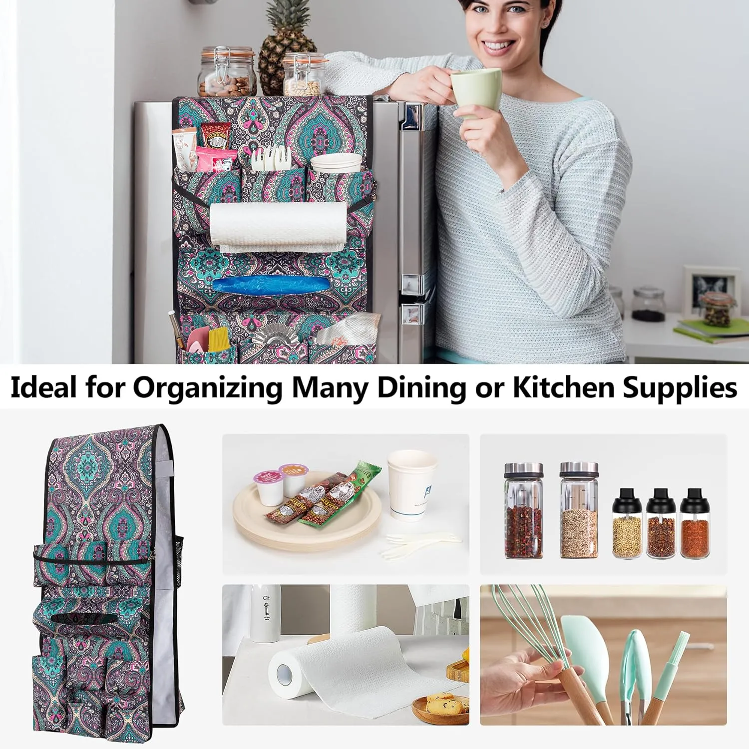 Mini Fridge Organizer, Dust Cover with 14 Pockets for Most Household Refrigerators, Hanging Mini Fridge Caddy Organizer Storage Bag for Dorm, Office, Kitchen, Home, School, Bohemia