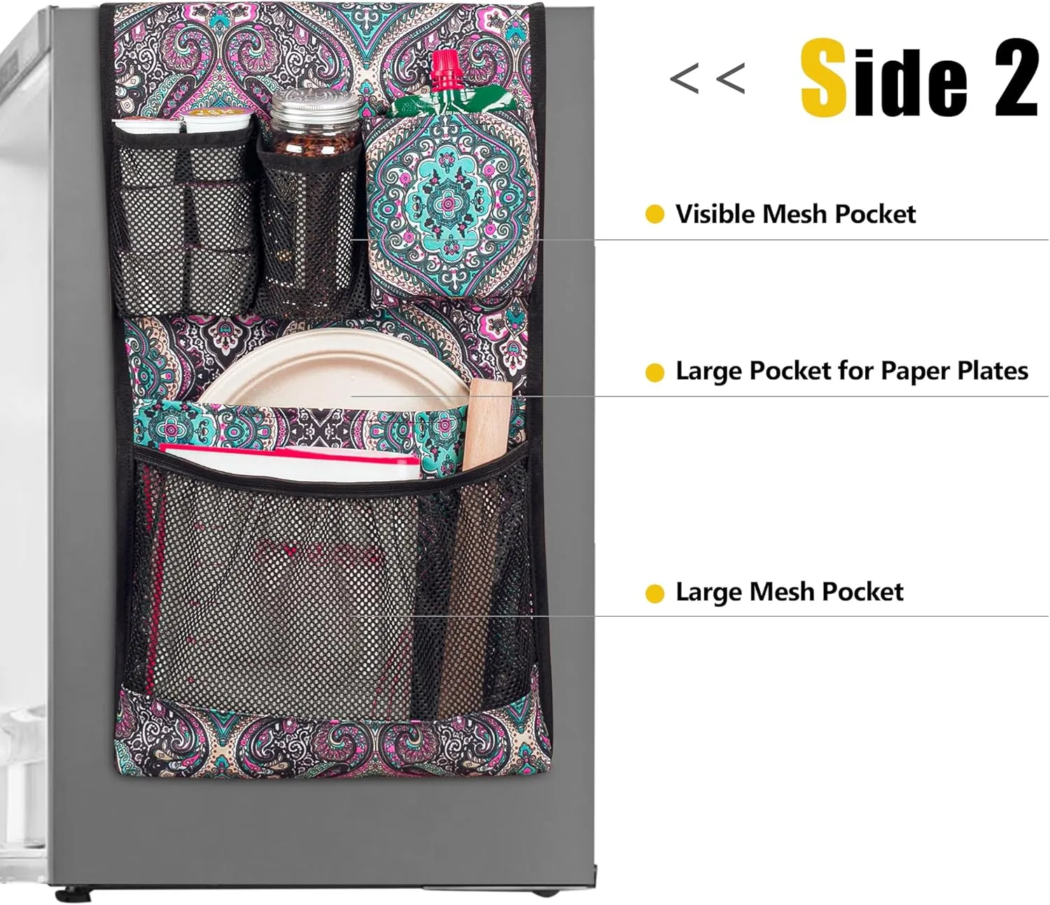 Mini Fridge Organizer, Dust Cover with 14 Pockets for Most Household Refrigerators, Hanging Mini Fridge Caddy Organizer Storage Bag for Dorm, Office, Kitchen, Home, School, Bohemia