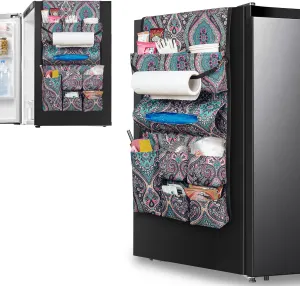 Mini Fridge Organizer, Dust Cover with 14 Pockets for Most Household Refrigerators, Hanging Mini Fridge Caddy Organizer Storage Bag for Dorm, Office, Kitchen, Home, School, Bohemia