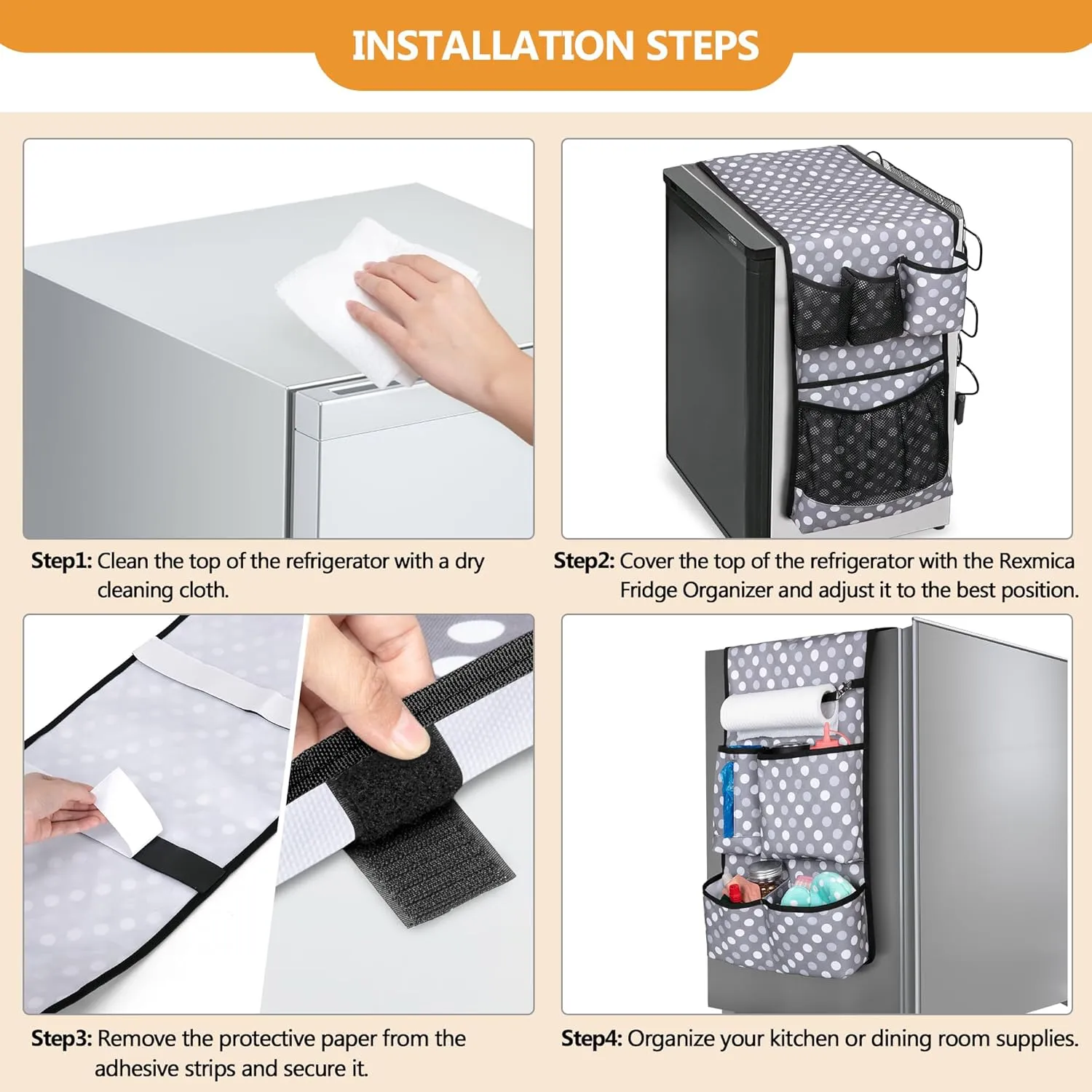 Mini Fridge Organizer with Multiple Pockets for Most Household & Dorm Refrigerators, Hanging Mini Fridge Caddy Organizer Storage Bag for Dorm, Office, Kitchen, Home, School, Dots