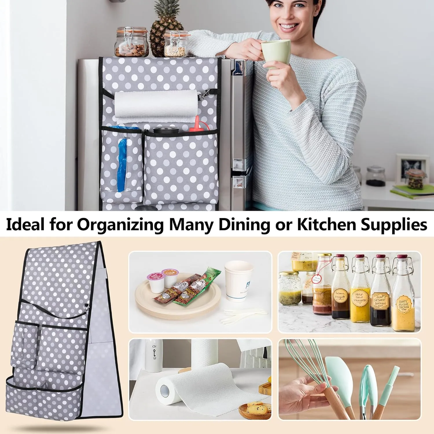 Mini Fridge Organizer with Multiple Pockets for Most Household & Dorm Refrigerators, Hanging Mini Fridge Caddy Organizer Storage Bag for Dorm, Office, Kitchen, Home, School, Dots