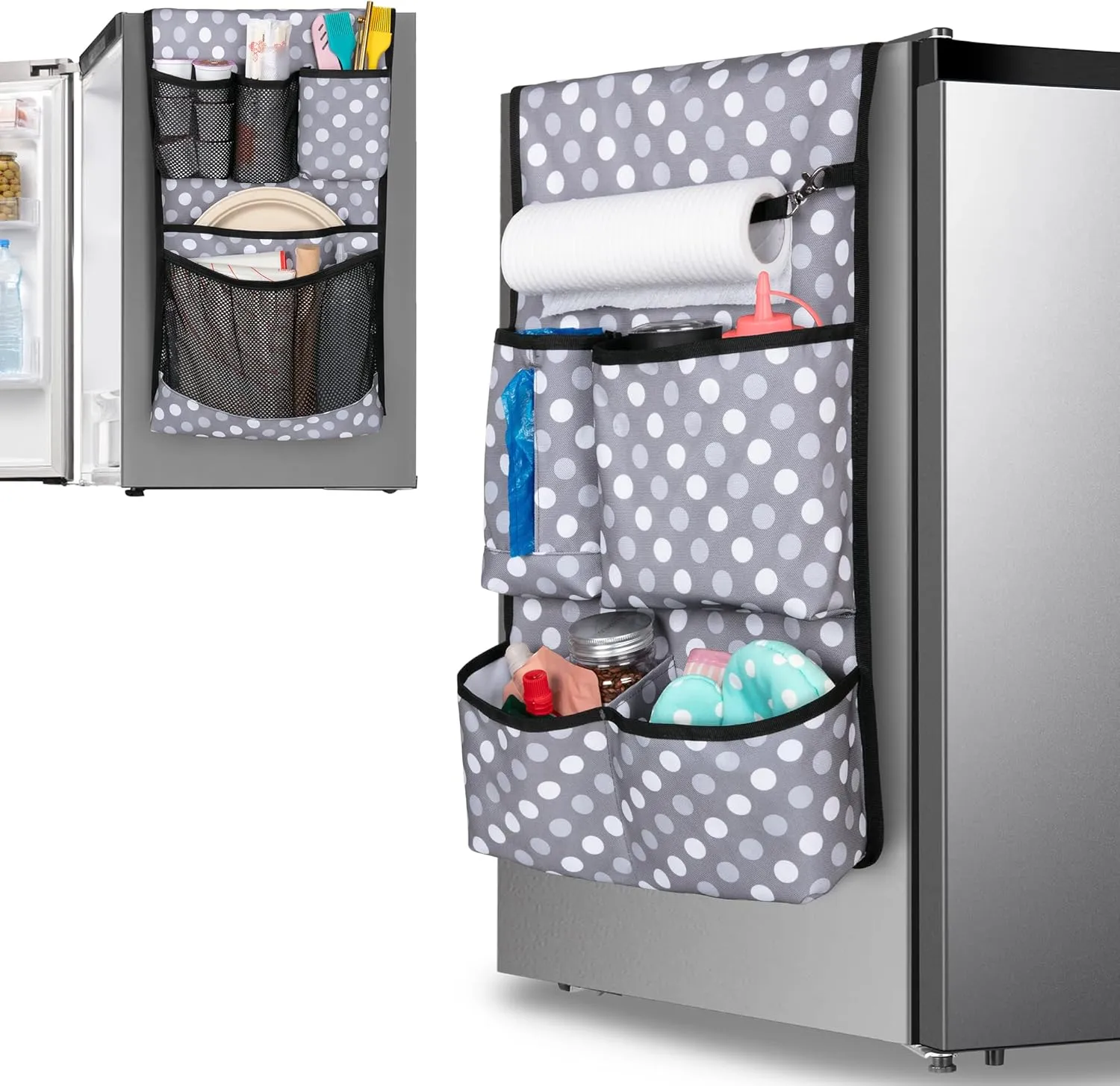 Mini Fridge Organizer with Multiple Pockets for Most Household & Dorm Refrigerators, Hanging Mini Fridge Caddy Organizer Storage Bag for Dorm, Office, Kitchen, Home, School, Dots