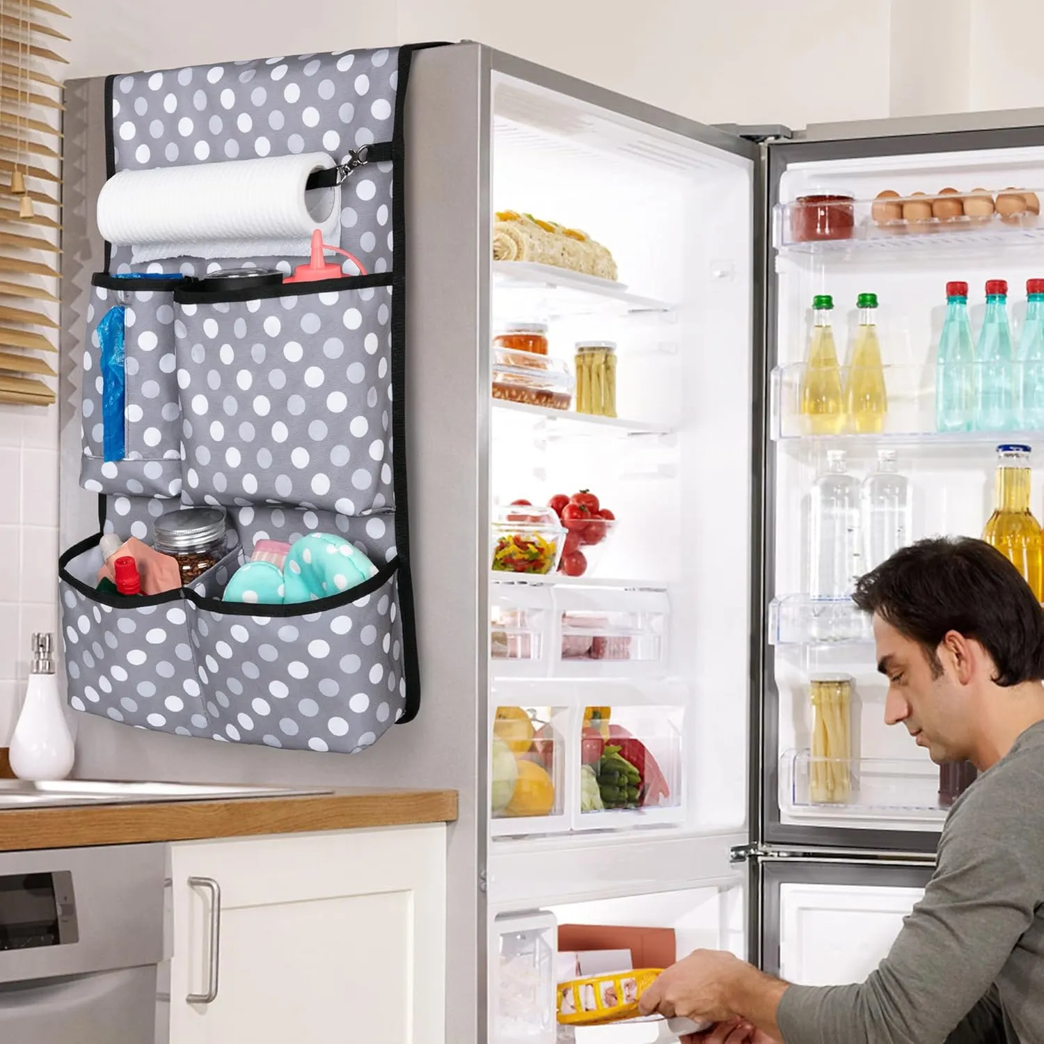 Mini Fridge Organizer with Multiple Pockets for Most Household & Dorm Refrigerators, Hanging Mini Fridge Caddy Organizer Storage Bag for Dorm, Office, Kitchen, Home, School, Dots