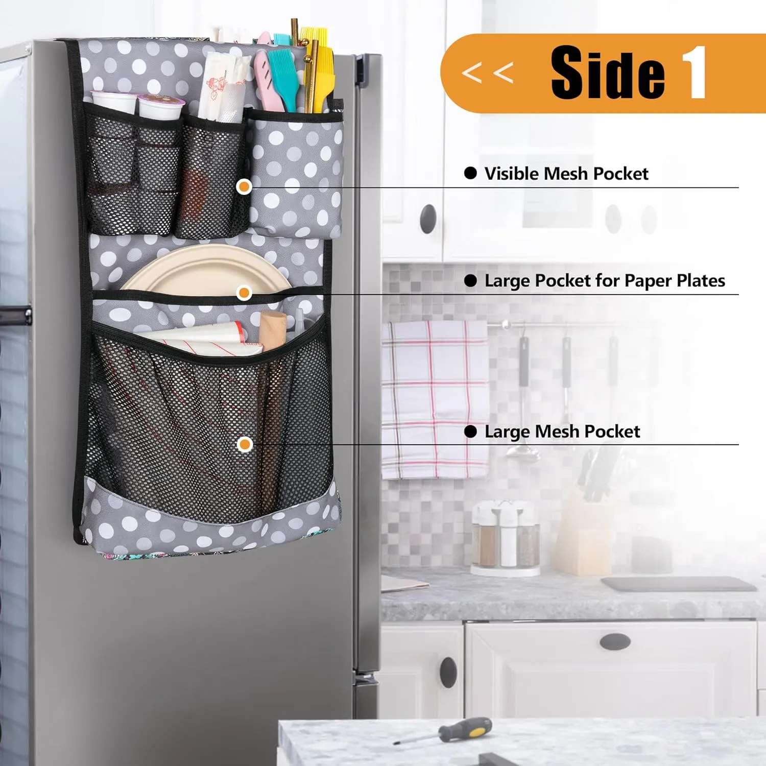 Mini Fridge Organizer with Multiple Pockets for Most Household & Dorm Refrigerators, Hanging Mini Fridge Caddy Organizer Storage Bag for Dorm, Office, Kitchen, Home, School, Dots