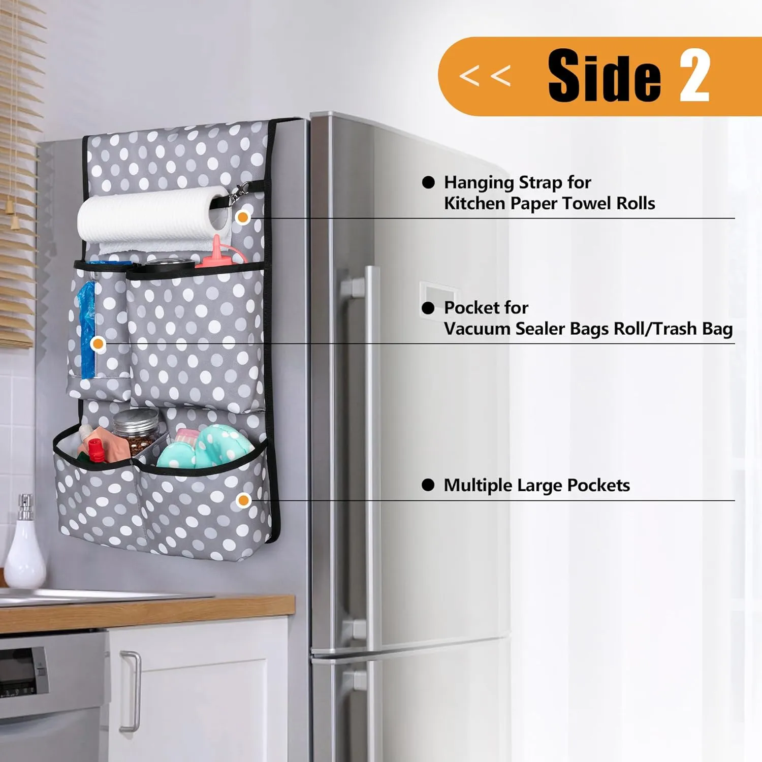 Mini Fridge Organizer with Multiple Pockets for Most Household & Dorm Refrigerators, Hanging Mini Fridge Caddy Organizer Storage Bag for Dorm, Office, Kitchen, Home, School, Dots