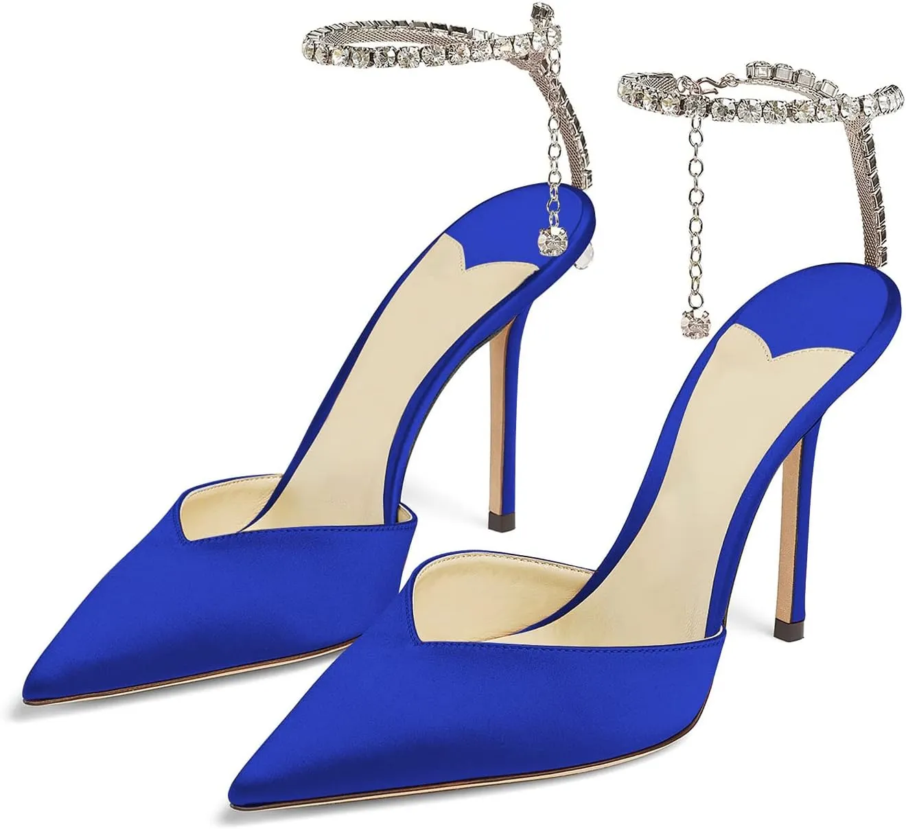 MIRAAZZURRA Women High Heeled sandals Satin Sparkly Crystal Chain Ankle Straps Shoes Summer Bridal Pointy Toe Stiletto Wedding Shoes