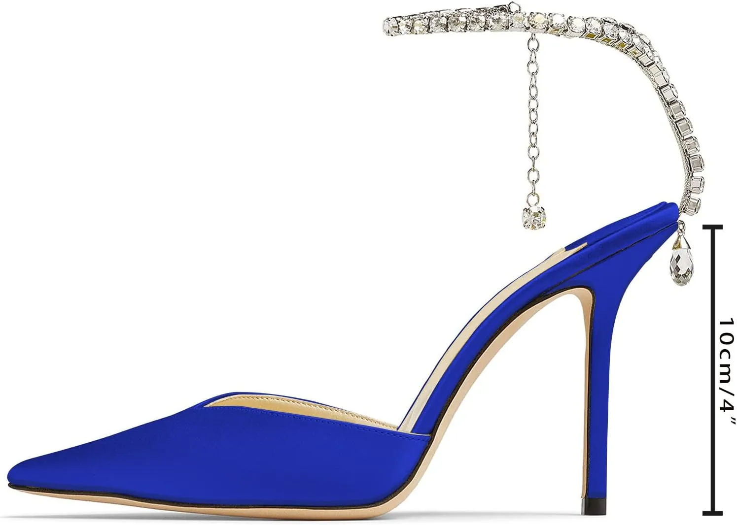 MIRAAZZURRA Women High Heeled sandals Satin Sparkly Crystal Chain Ankle Straps Shoes Summer Bridal Pointy Toe Stiletto Wedding Shoes