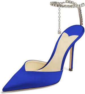 MIRAAZZURRA Women High Heeled sandals Satin Sparkly Crystal Chain Ankle Straps Shoes Summer Bridal Pointy Toe Stiletto Wedding Shoes