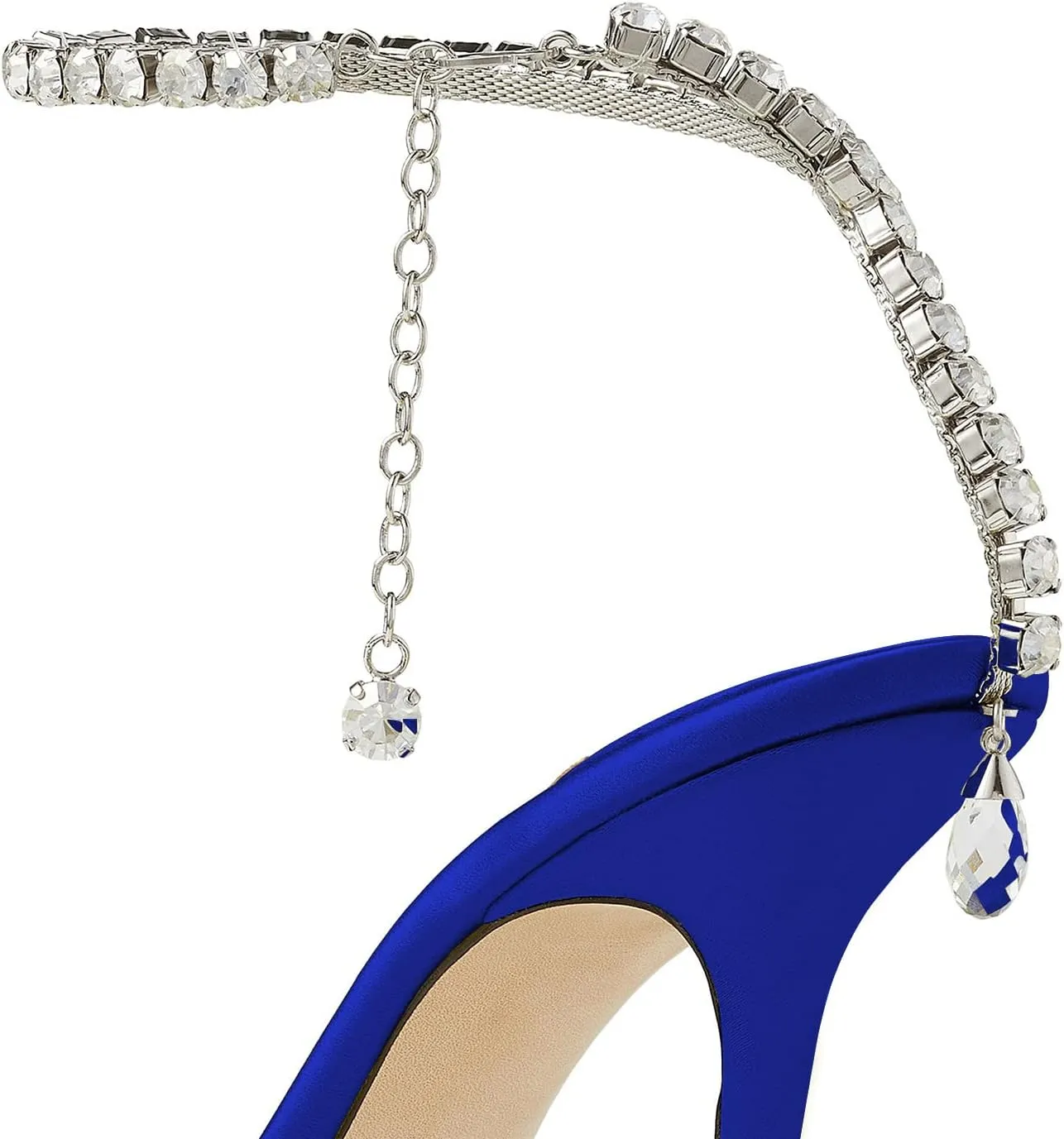 MIRAAZZURRA Women High Heeled sandals Satin Sparkly Crystal Chain Ankle Straps Shoes Summer Bridal Pointy Toe Stiletto Wedding Shoes
