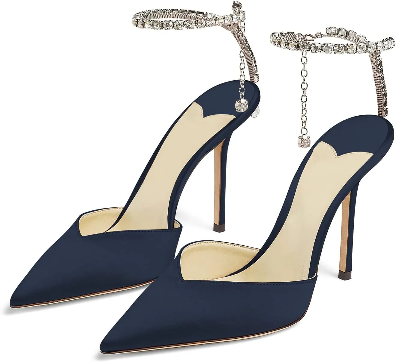 MIRAAZZURRA Women High Heeled sandals Satin Sparkly Crystal Chain Ankle Straps Shoes Summer Bridal Pointy Toe Stiletto Wedding Shoes