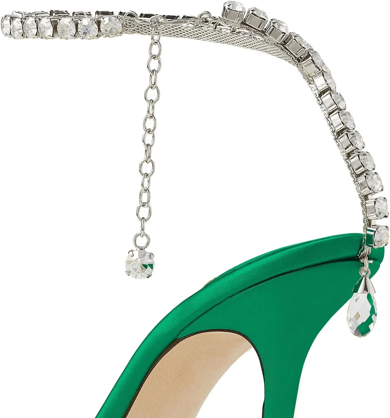 MIRAAZZURRA Women High Heeled sandals Satin Sparkly Crystal Chain Ankle Straps Shoes Summer Bridal Pointy Toe Stiletto Wedding Shoes