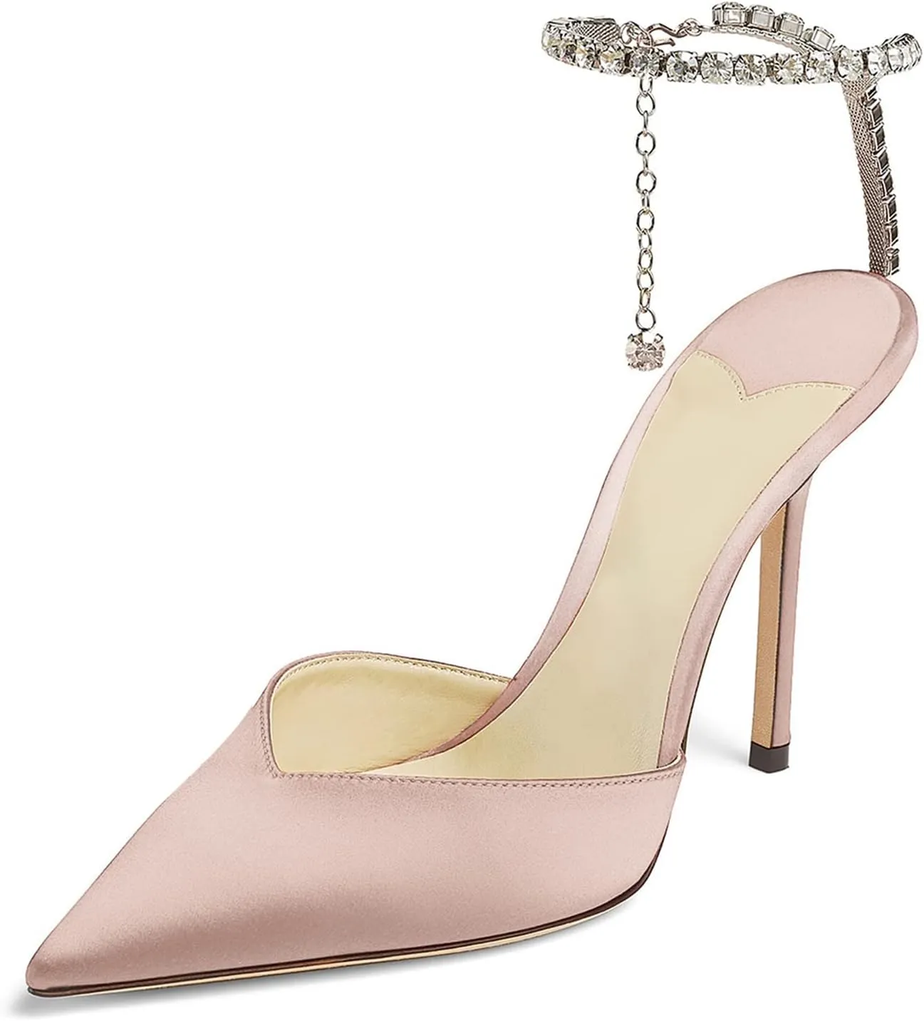 MIRAAZZURRA Women High Heeled sandals Satin Sparkly Crystal Chain Ankle Straps Shoes Summer Bridal Pointy Toe Stiletto Wedding Shoes