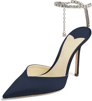 MIRAAZZURRA Women High Heeled sandals Satin Sparkly Crystal Chain Ankle Straps Shoes Summer Bridal Pointy Toe Stiletto Wedding Shoes