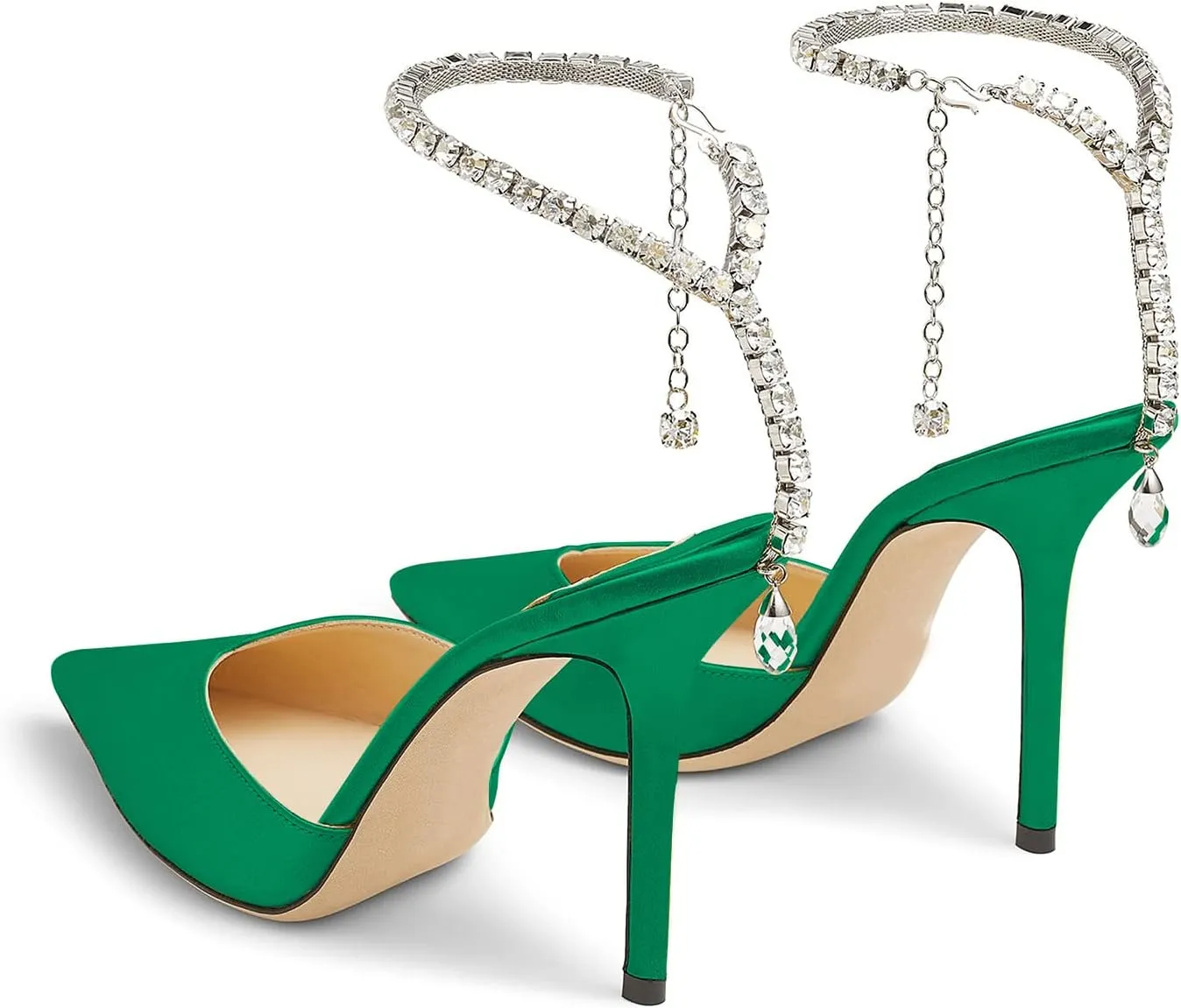 MIRAAZZURRA Women High Heeled sandals Satin Sparkly Crystal Chain Ankle Straps Shoes Summer Bridal Pointy Toe Stiletto Wedding Shoes