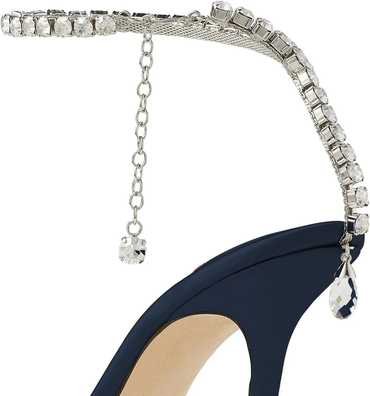 MIRAAZZURRA Women High Heeled sandals Satin Sparkly Crystal Chain Ankle Straps Shoes Summer Bridal Pointy Toe Stiletto Wedding Shoes