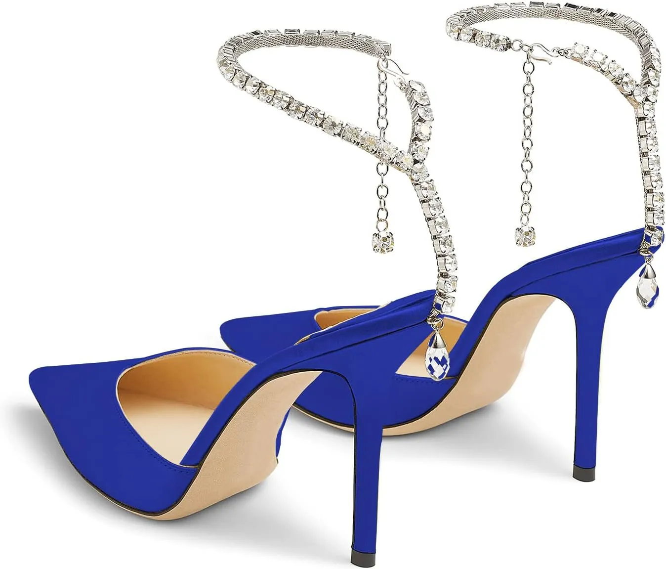 MIRAAZZURRA Women High Heeled sandals Satin Sparkly Crystal Chain Ankle Straps Shoes Summer Bridal Pointy Toe Stiletto Wedding Shoes