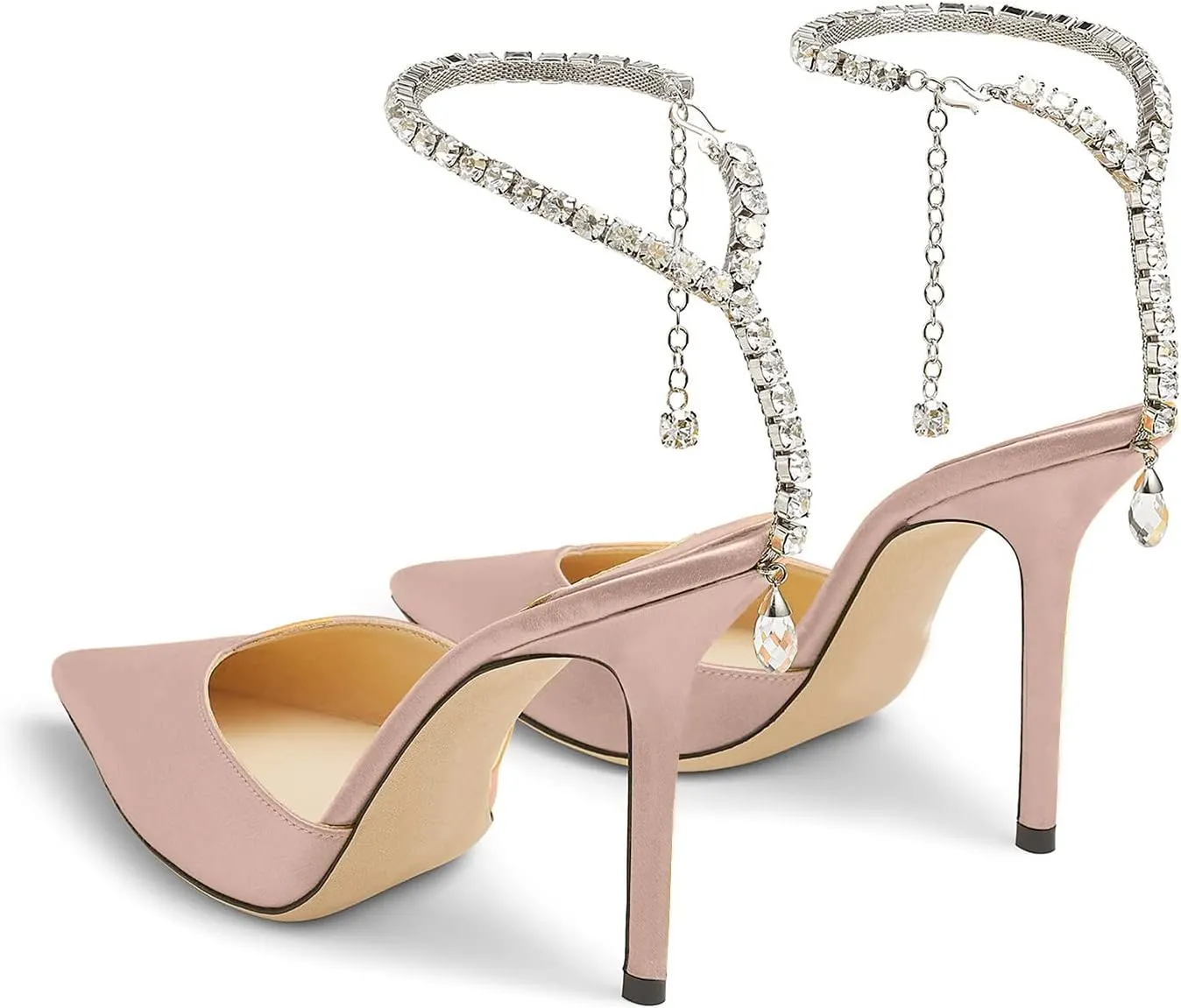 MIRAAZZURRA Women High Heeled sandals Satin Sparkly Crystal Chain Ankle Straps Shoes Summer Bridal Pointy Toe Stiletto Wedding Shoes