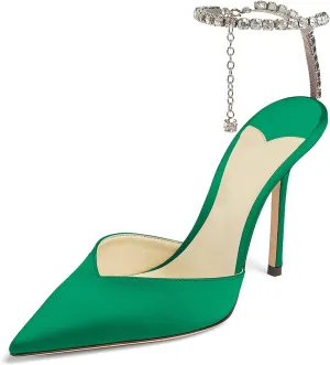 MIRAAZZURRA Women High Heeled sandals Satin Sparkly Crystal Chain Ankle Straps Shoes Summer Bridal Pointy Toe Stiletto Wedding Shoes