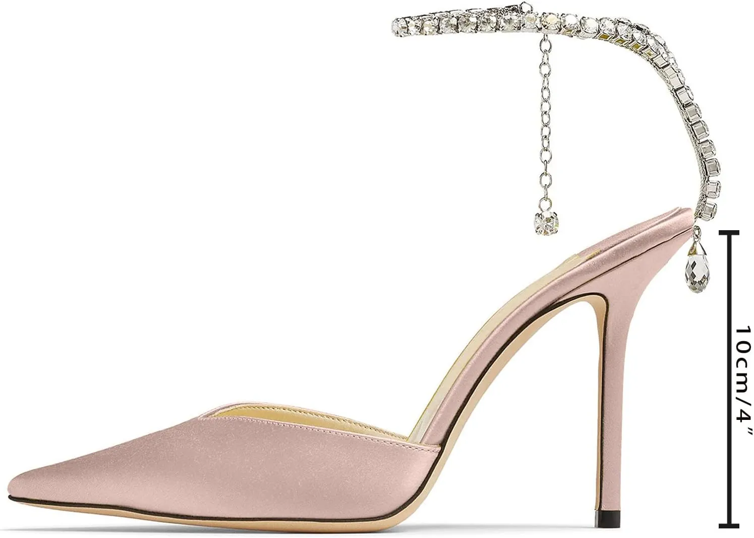 MIRAAZZURRA Women High Heeled sandals Satin Sparkly Crystal Chain Ankle Straps Shoes Summer Bridal Pointy Toe Stiletto Wedding Shoes