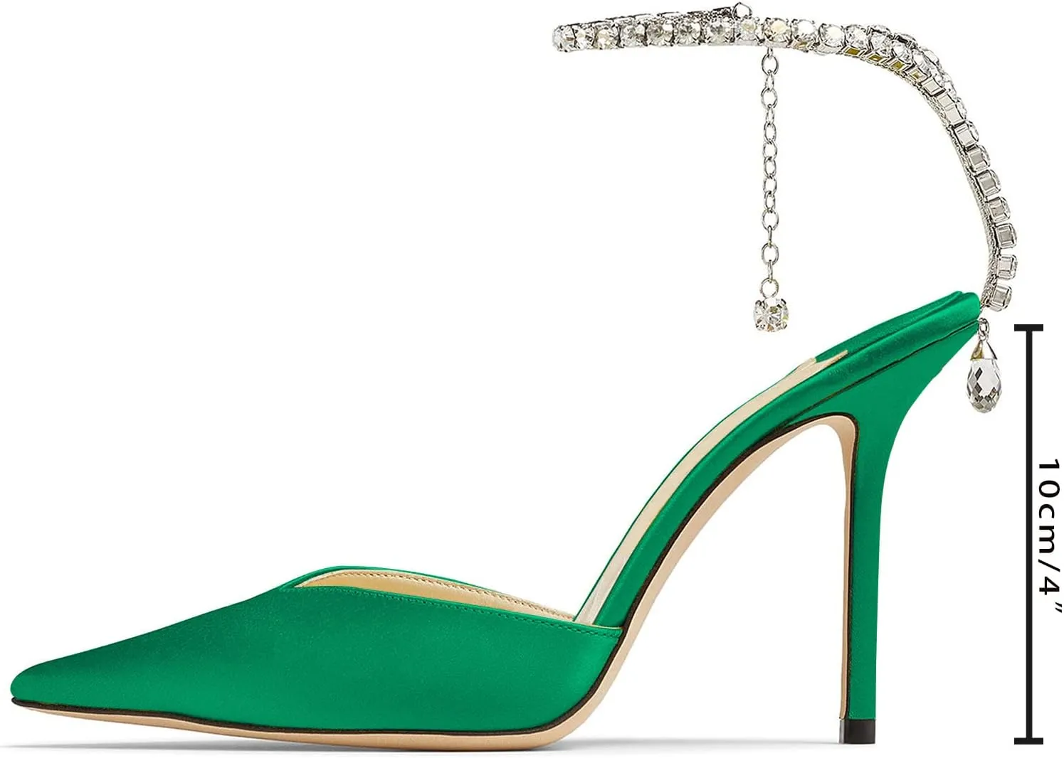 MIRAAZZURRA Women High Heeled sandals Satin Sparkly Crystal Chain Ankle Straps Shoes Summer Bridal Pointy Toe Stiletto Wedding Shoes