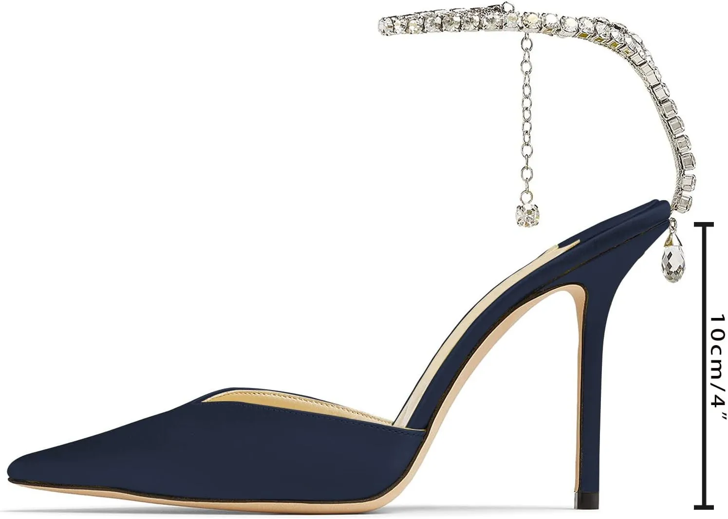 MIRAAZZURRA Women High Heeled sandals Satin Sparkly Crystal Chain Ankle Straps Shoes Summer Bridal Pointy Toe Stiletto Wedding Shoes