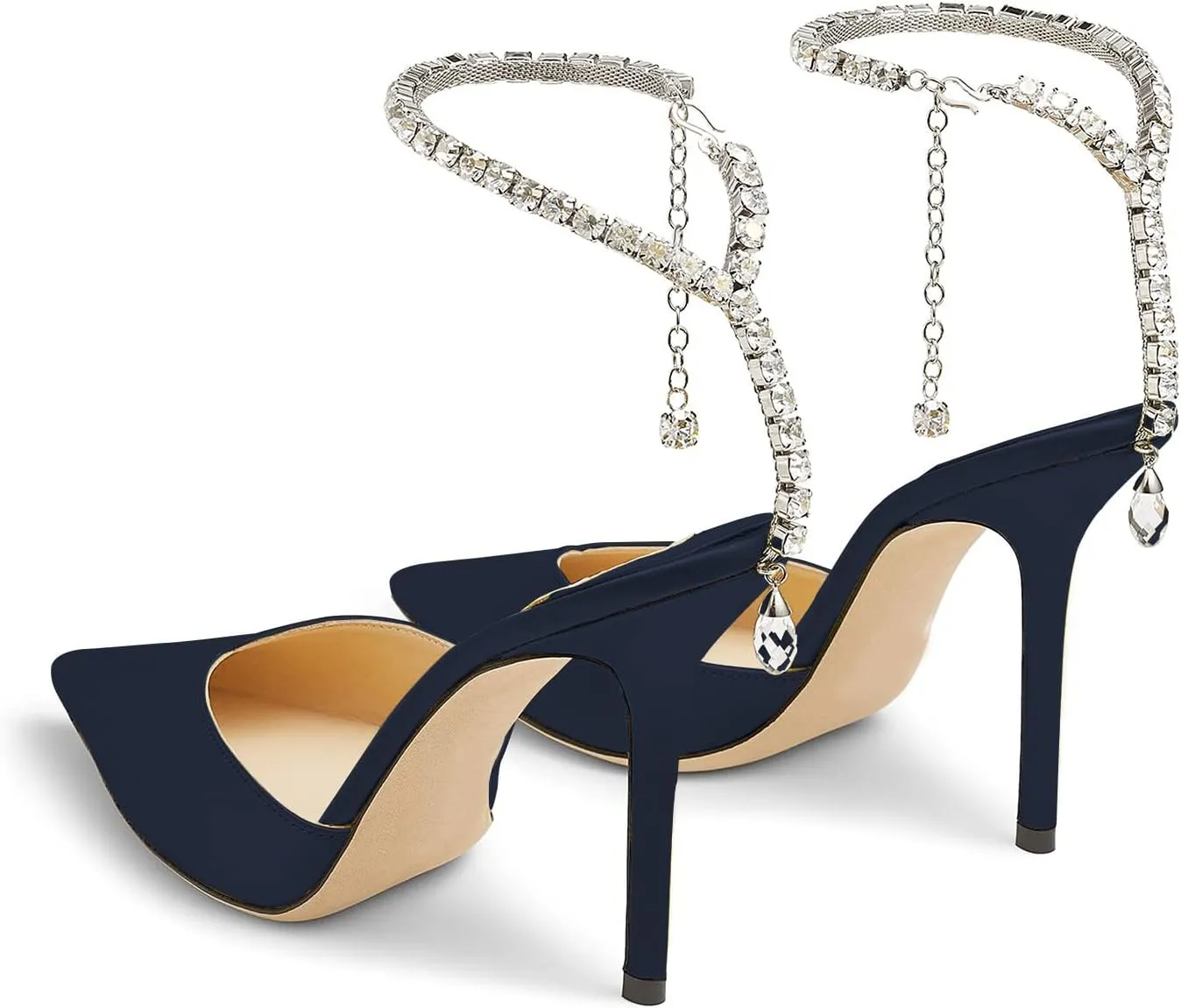 MIRAAZZURRA Women High Heeled sandals Satin Sparkly Crystal Chain Ankle Straps Shoes Summer Bridal Pointy Toe Stiletto Wedding Shoes