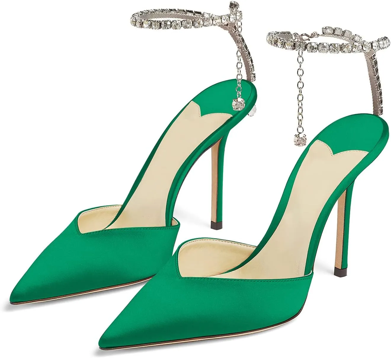 MIRAAZZURRA Women High Heeled sandals Satin Sparkly Crystal Chain Ankle Straps Shoes Summer Bridal Pointy Toe Stiletto Wedding Shoes