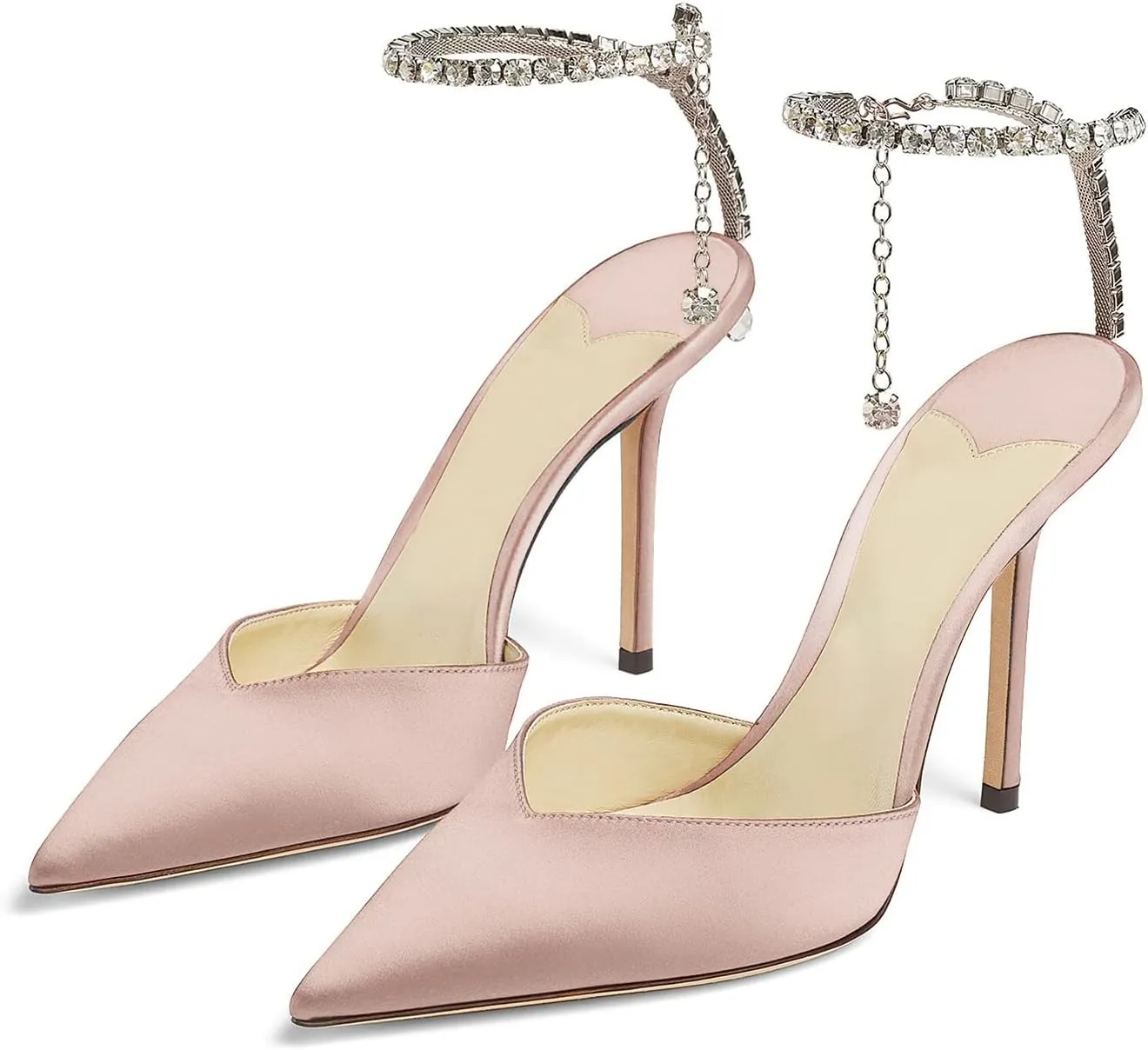 MIRAAZZURRA Women High Heeled sandals Satin Sparkly Crystal Chain Ankle Straps Shoes Summer Bridal Pointy Toe Stiletto Wedding Shoes