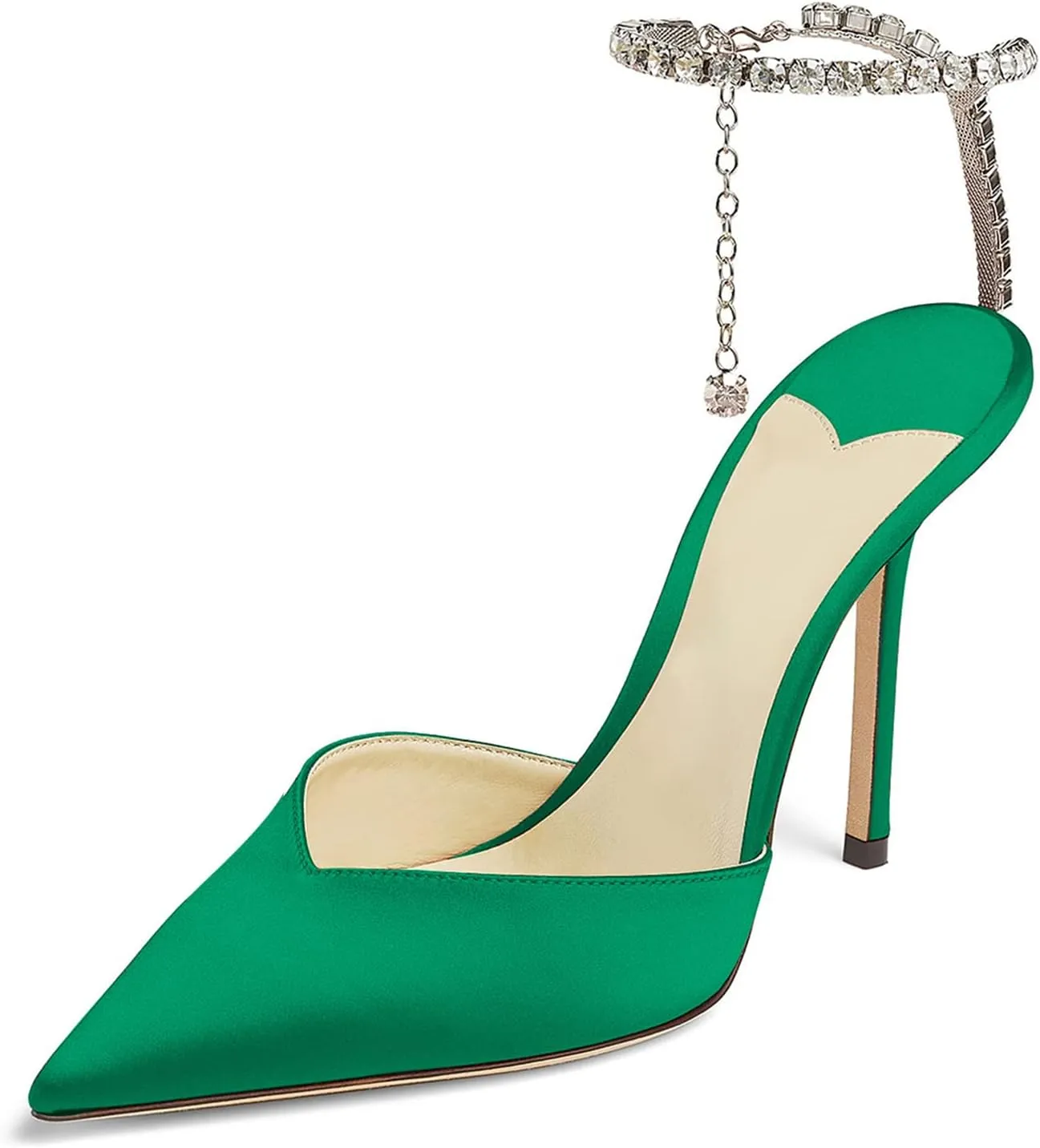 MIRAAZZURRA Women High Heeled sandals Satin Sparkly Crystal Chain Ankle Straps Shoes Summer Bridal Pointy Toe Stiletto Wedding Shoes