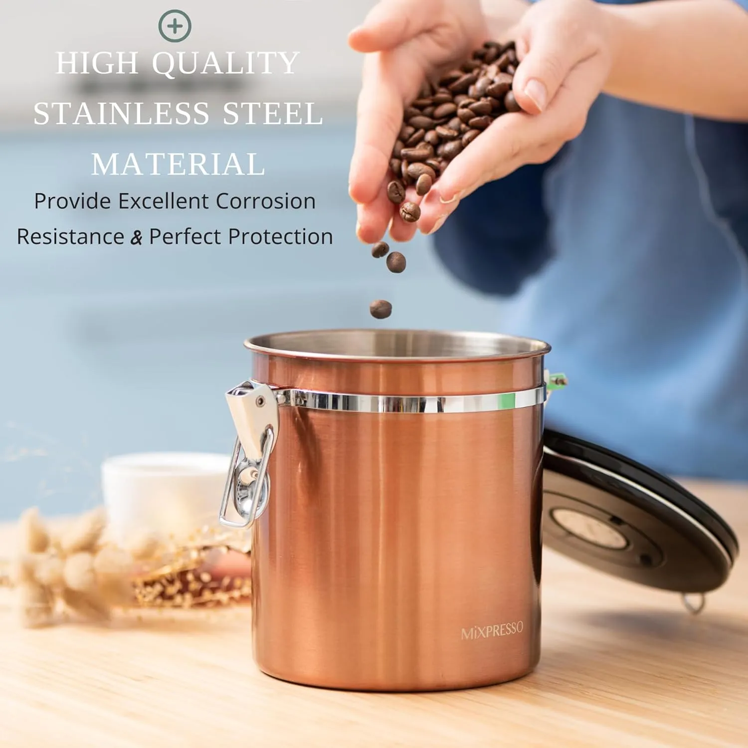 Mixpresso Bronze Stainless Steel Airtight Coffee & Tea Jar - 16 Ounces, Vacuum-Sealed Date Tracker
