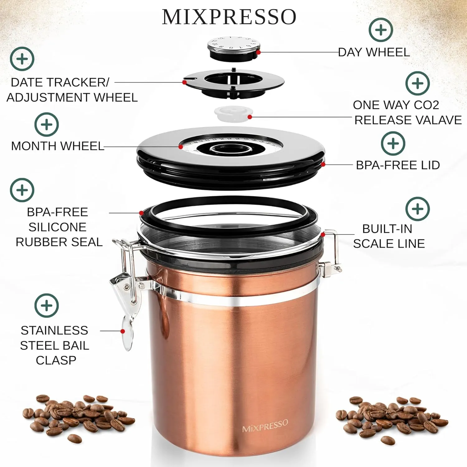 Mixpresso Bronze Stainless Steel Airtight Coffee & Tea Jar - 16 Ounces, Vacuum-Sealed Date Tracker