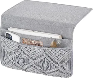 Mkono Macrame Bedside Caddy Storage Organizer Boho Remote Control Tablet Magazine Holder with 4 Pockets Non-slip Countertop Bedside Caddy for Home Bedroom Living Room College Dorm Bed, Grey