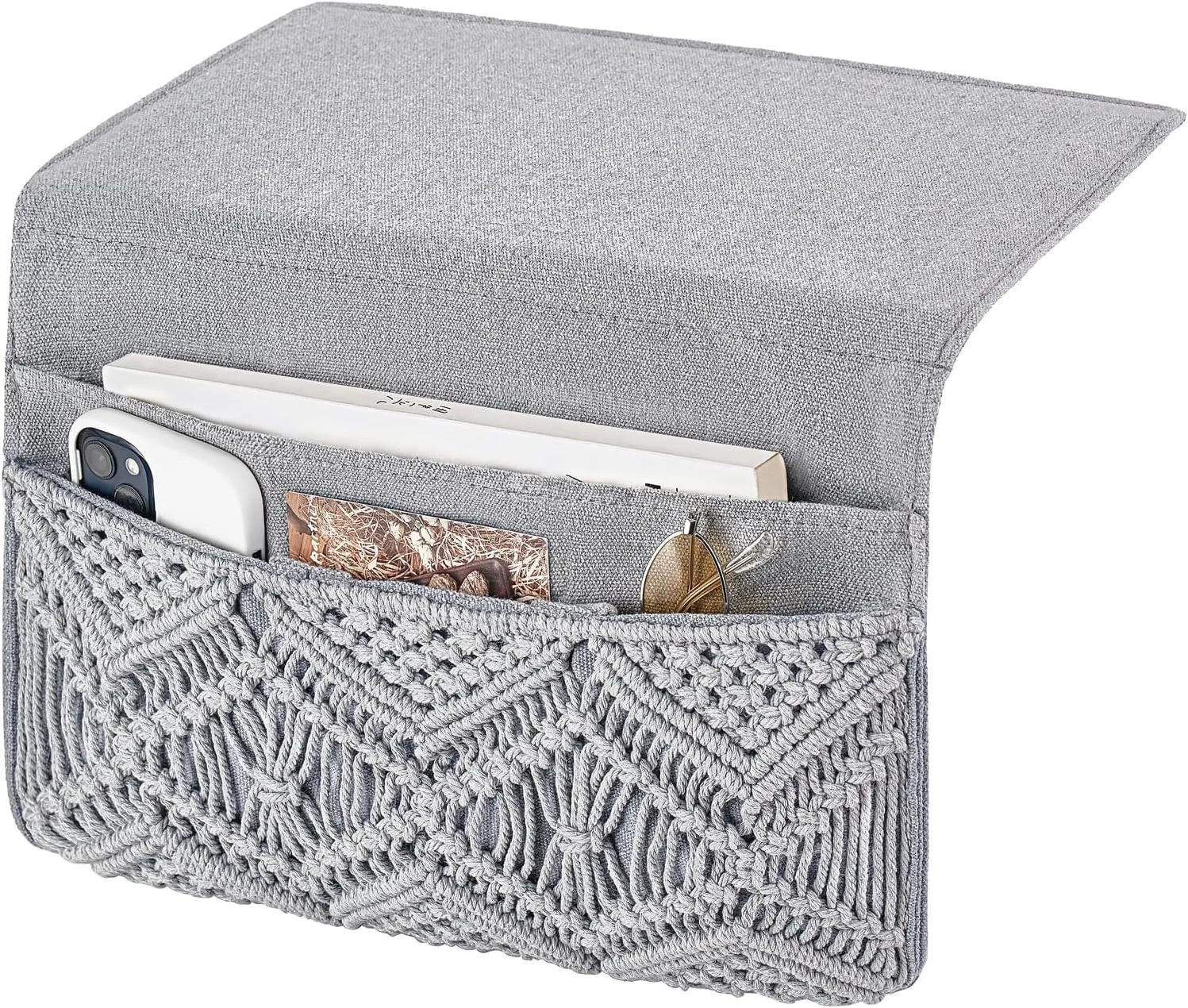 Mkono Macrame Bedside Caddy Storage Organizer Boho Remote Control Tablet Magazine Holder with 4 Pockets Non-slip Countertop Bedside Caddy for Home Bedroom Living Room College Dorm Bed, Grey