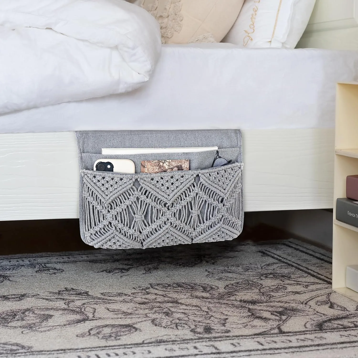 Mkono Macrame Bedside Caddy Storage Organizer Boho Remote Control Tablet Magazine Holder with 4 Pockets Non-slip Countertop Bedside Caddy for Home Bedroom Living Room College Dorm Bed, Grey