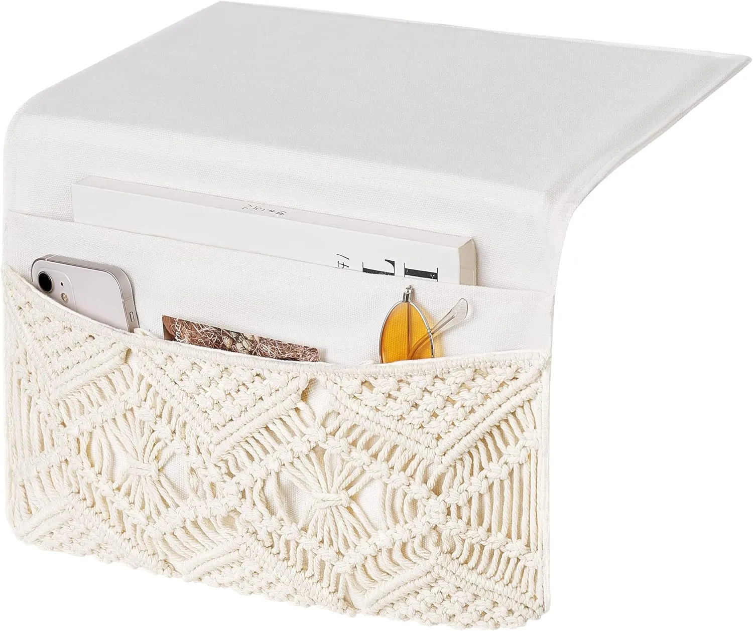 Mkono Macrame Bedside Caddy Storage Organizer Boho Remote Control Tablet Magazine Holder with 4 Pockets Non-slip Countertop Bedside Caddy for Home Bedroom Living Room College Dorm Bed, Ivory