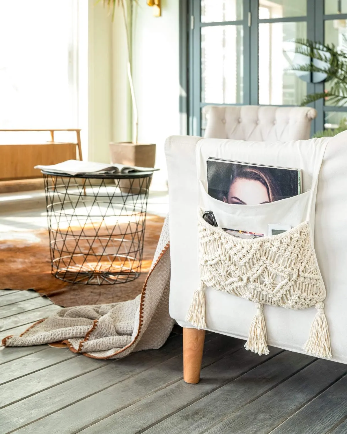 Mkono Macrame Sofa Armrest Organizer Remote Control Holder Couch Bedside Armchair Caddy Storage Basket Bag for TV Remote Control, Magazine, Books, Cell Phone, iPad, Boho Home Dorm Decor, Beige