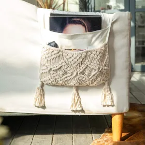 Mkono Macrame Sofa Armrest Organizer Remote Control Holder Couch Bedside Armchair Caddy Storage Basket Bag for TV Remote Control, Magazine, Books, Cell Phone, iPad, Boho Home Dorm Decor, Beige