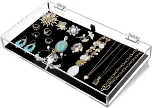 MOOCA Acrylic Rectangular Marketing Holder Locking Security Showcase Safe Box Display Tray, Perfect for Watches Jewelry, Knives, Eyewear with a Key and a Black Padding